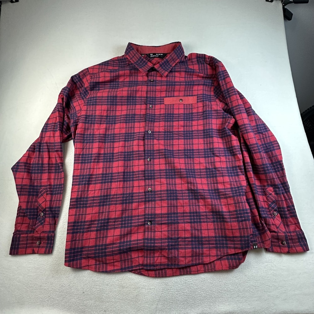 Under Armour Shirt Mens 3XL Red Blue Plaid Tradesman Flannel Button Up Loose Fit